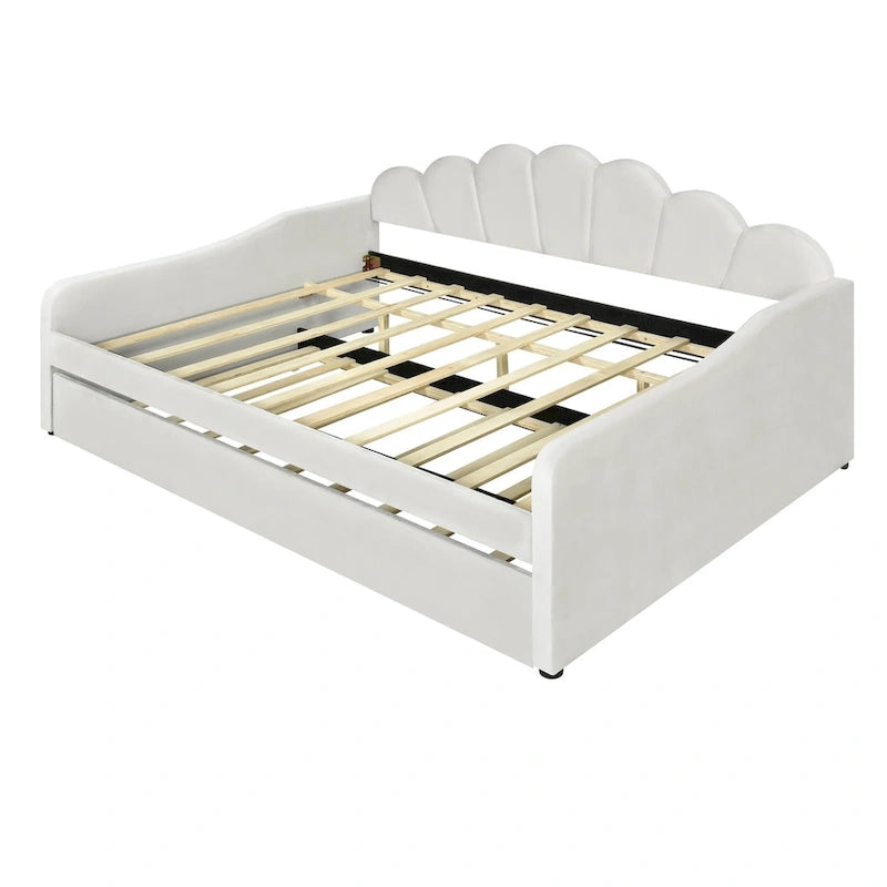 Lit de repos double rembourré avec dossier en forme de coquille et lit gigogne — Velours, Blanc