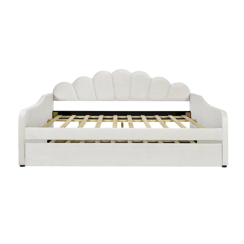 Lit de repos double rembourré avec dossier en forme de coquille et lit gigogne — Velours, Blanc