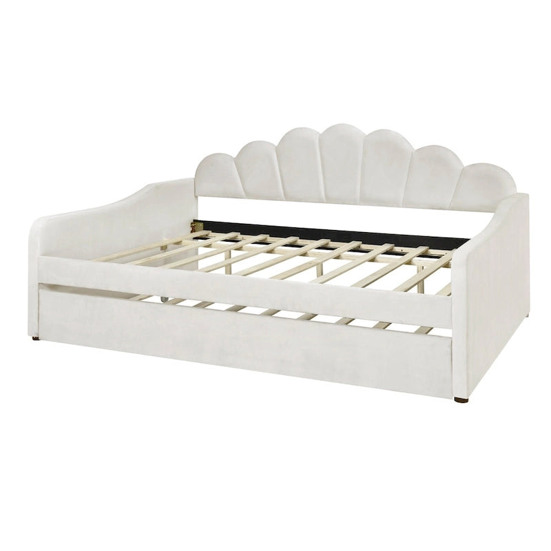 Lit de repos double rembourré avec dossier en forme de coquille et lit gigogne — Velours, Blanc