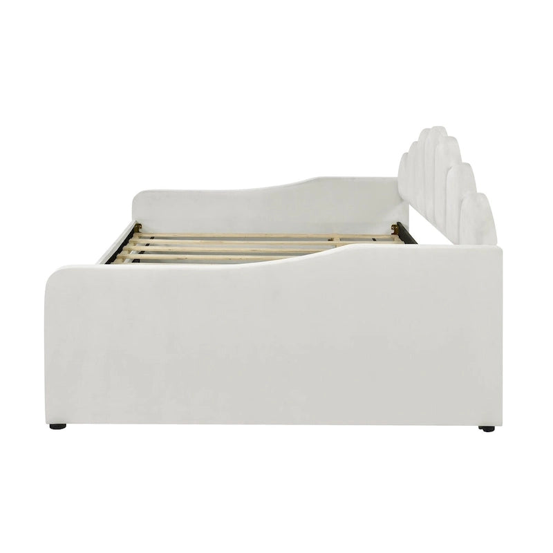 Lit de repos double rembourré avec dossier en forme de coquille et lit gigogne — Velours, Blanc