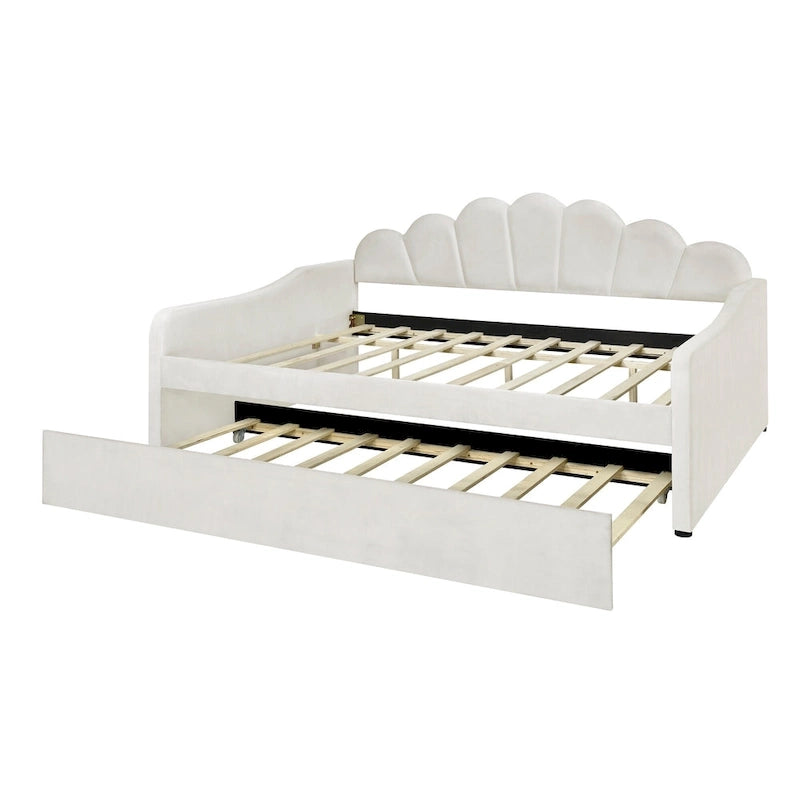 Lit de repos double rembourré avec dossier en forme de coquille et lit gigogne — Velours, Blanc