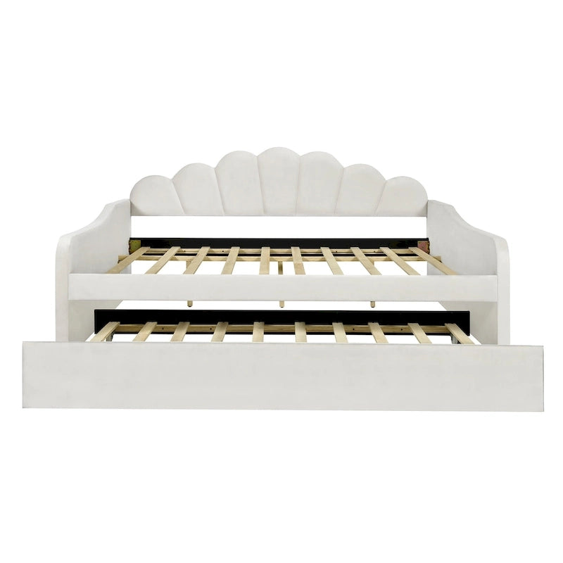 Lit de repos double rembourré avec dossier en forme de coquille et lit gigogne — Velours, Blanc