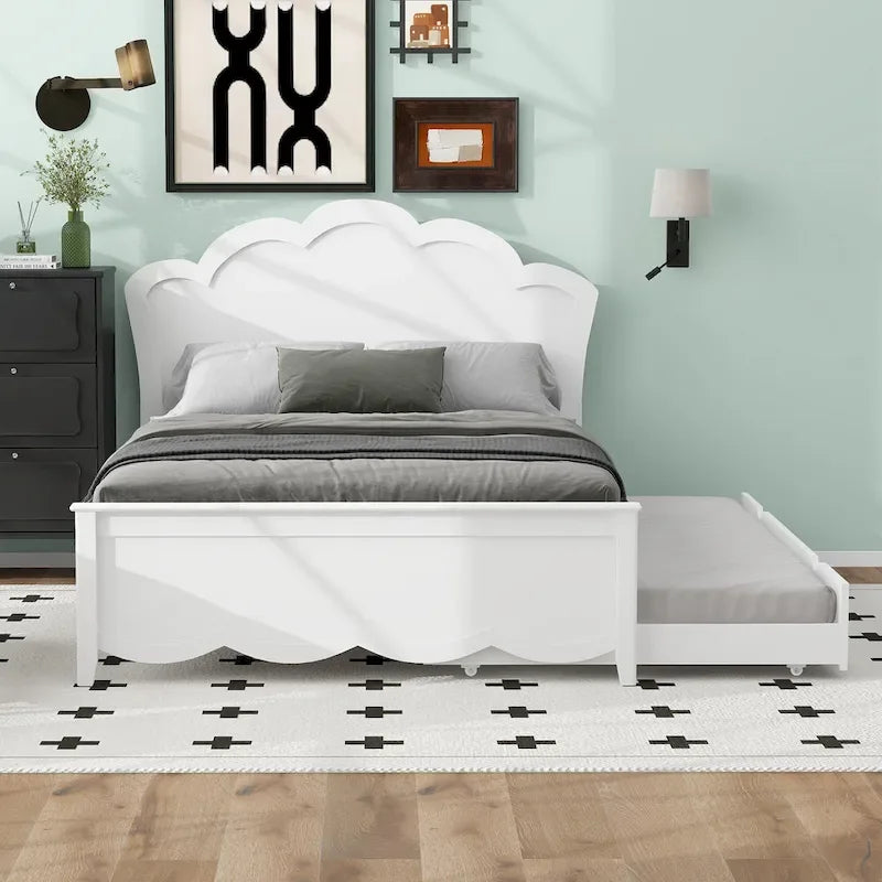 Lit plateforme moderne en bois avec tête de lit et lit gigogne simple – Grand lit, Blanc