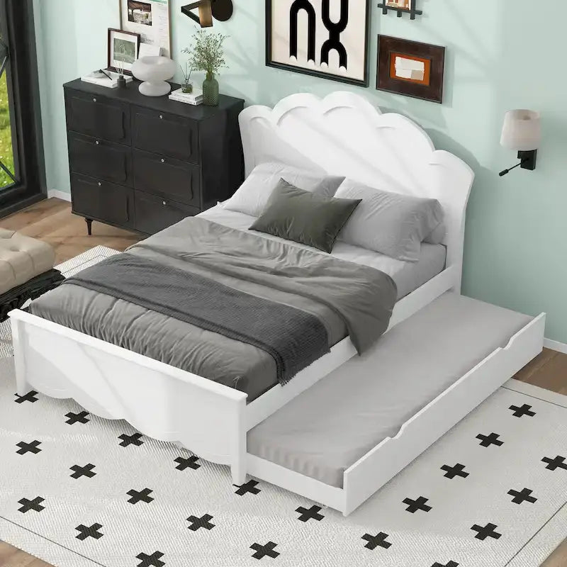 Lit plateforme moderne en bois avec tête de lit et lit gigogne simple – Grand lit, Blanc