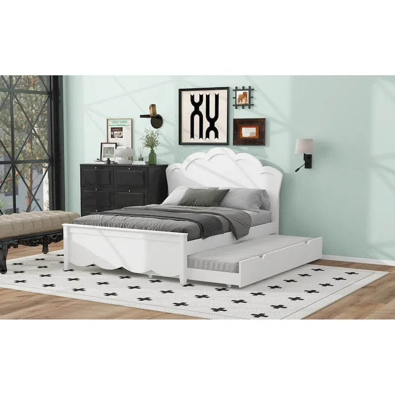 Lit plateforme moderne en bois avec tête de lit et lit gigogne simple – Grand lit, Blanc