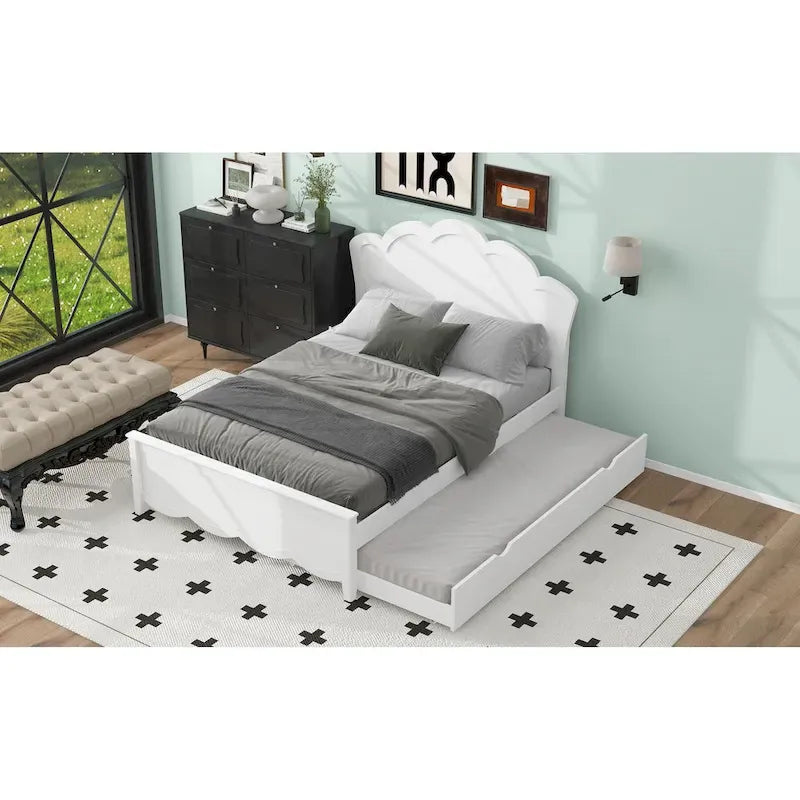 Lit plateforme moderne en bois avec tête de lit et lit gigogne simple – Grand lit, Blanc