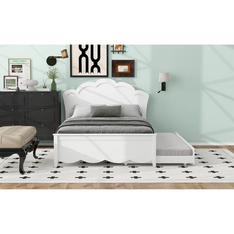 Lit plateforme moderne en bois avec tête de lit et lit gigogne simple – Grand lit, Blanc