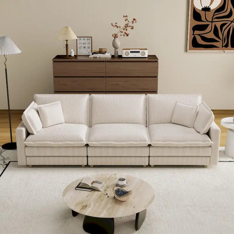Grand canapé 4 places en velours côtelé avec assise profonde et pouf amovible – 261 cm