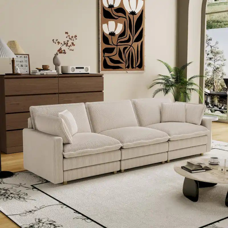 Grand canapé 4 places en velours côtelé avec assise profonde et pouf amovible – 261 cm