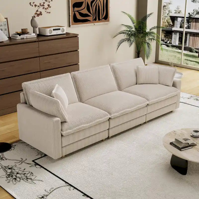 Grand canapé 4 places en velours côtelé avec assise profonde et pouf amovible – 261 cm