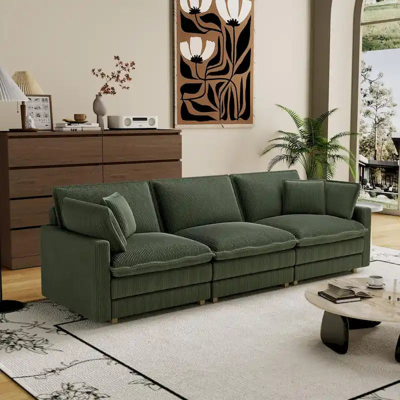 Grand canapé 4 places en velours côtelé avec assise profonde et pouf amovible – 261 cm