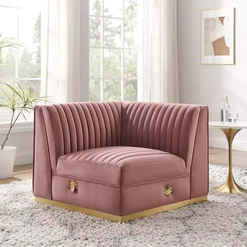 Fauteuil d'angle gauche en velours — Piètement en acier doré