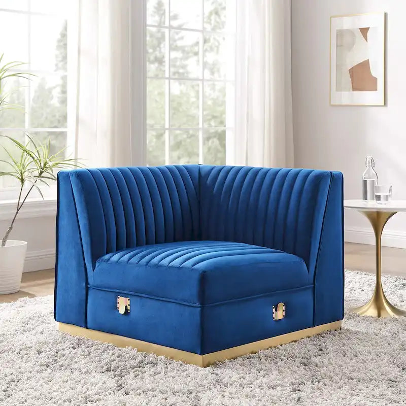 Fauteuil d'angle gauche en velours — Piètement en acier doré