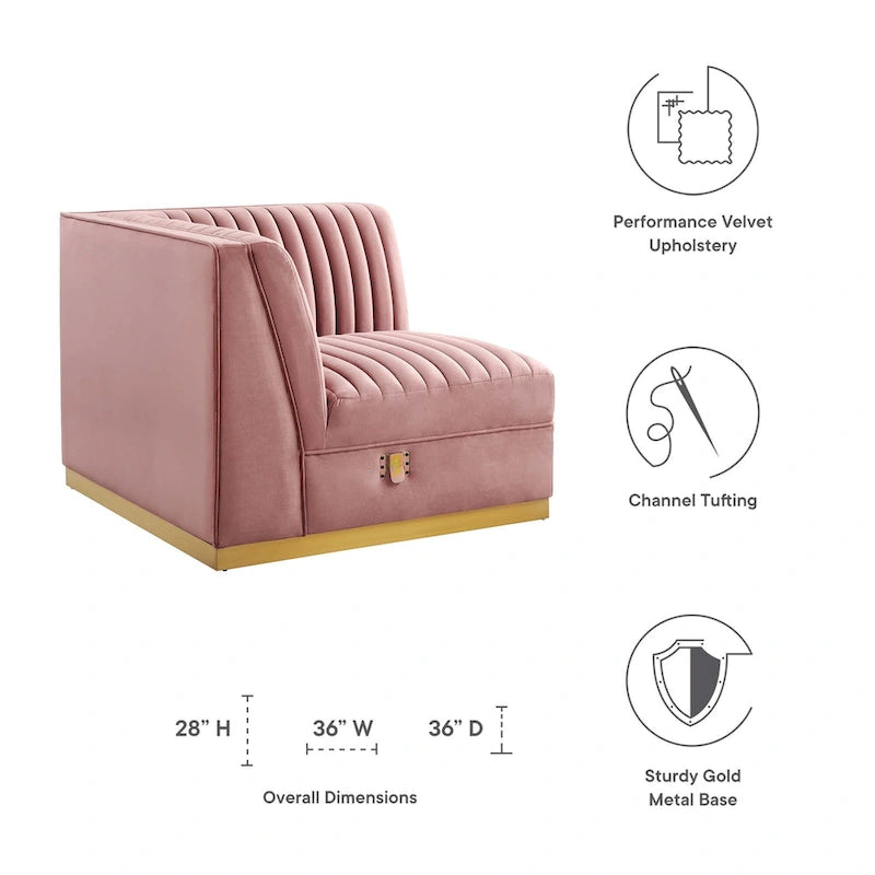 Fauteuil d'angle gauche en velours — Piètement en acier doré