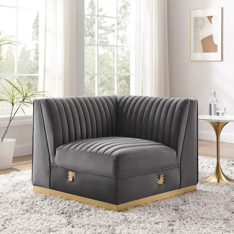Fauteuil d'angle gauche en velours — Piètement en acier doré