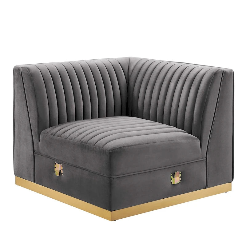 Fauteuil d'angle gauche en velours — Piètement en acier doré