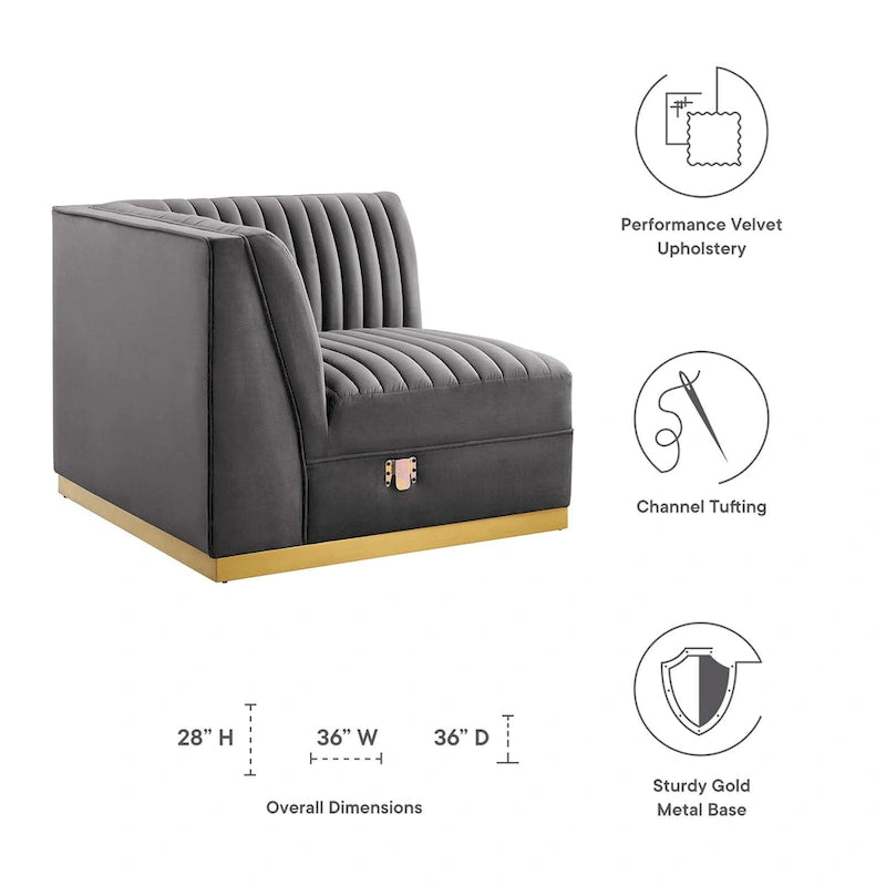Fauteuil d'angle gauche en velours — Piètement en acier doré