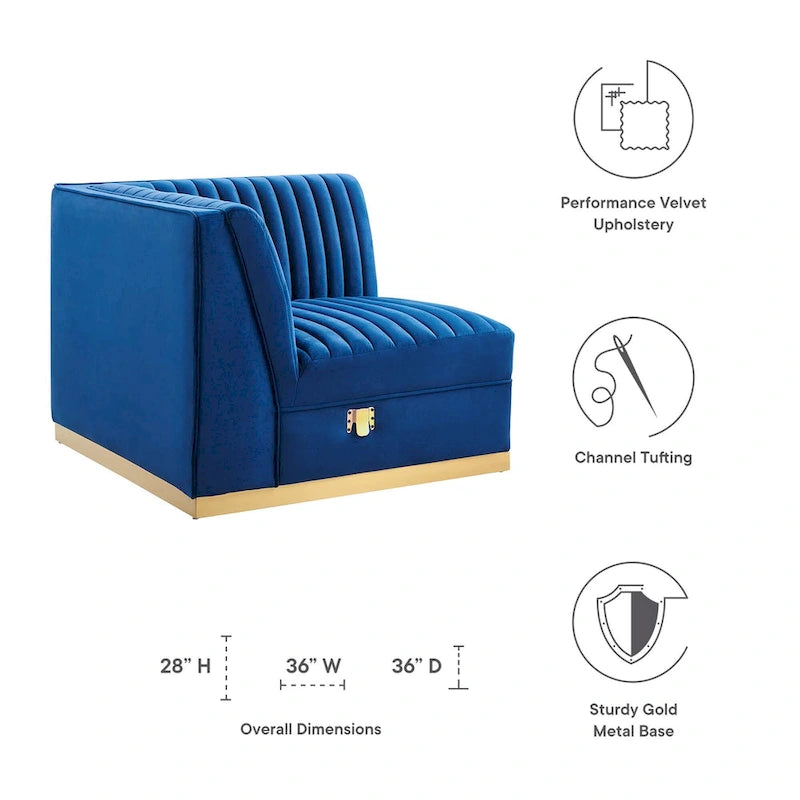 Fauteuil d'angle gauche en velours — Piètement en acier doré