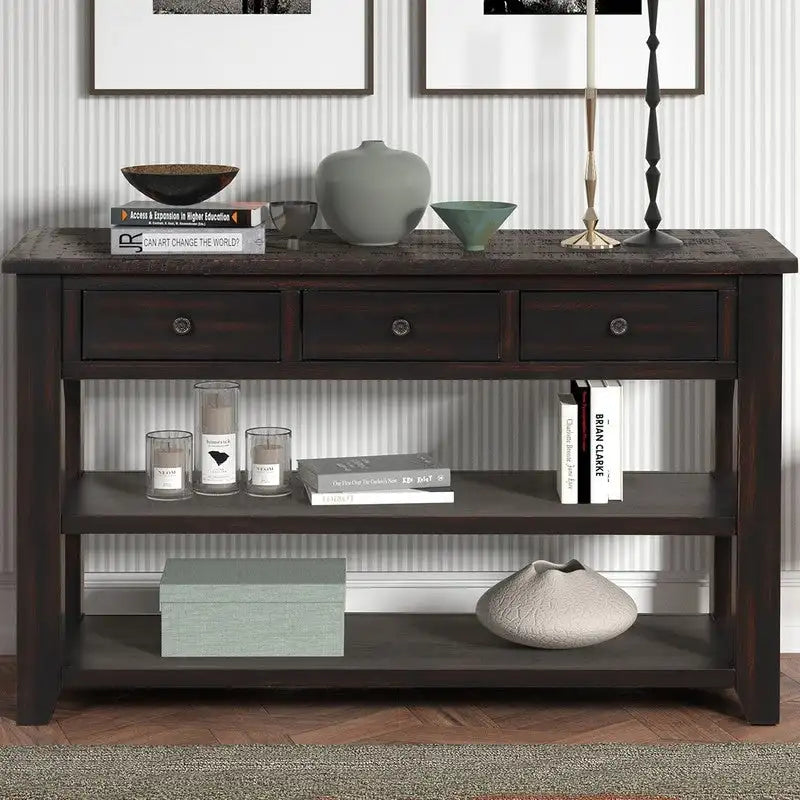 Console en bois vintage avec 3 tiroirs et 2 étagères ouvertes