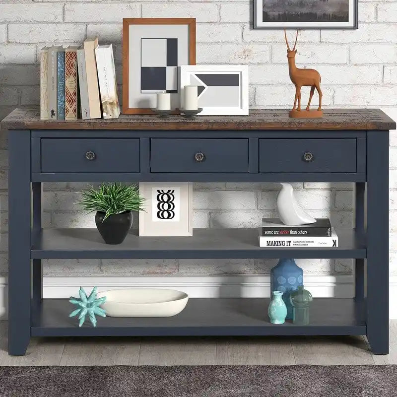Console en bois vintage avec 3 tiroirs et 2 étagères ouvertes