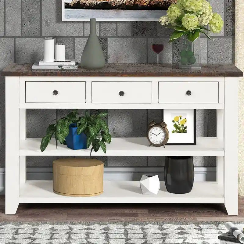 Console en bois vintage avec 3 tiroirs et 2 étagères ouvertes