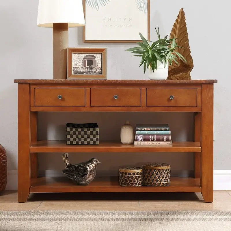 Console en bois vintage avec 3 tiroirs et 2 étagères ouvertes