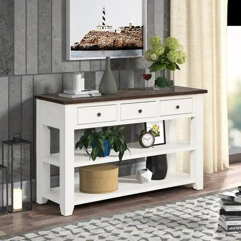 Console en bois vintage avec 3 tiroirs et 2 étagères ouvertes