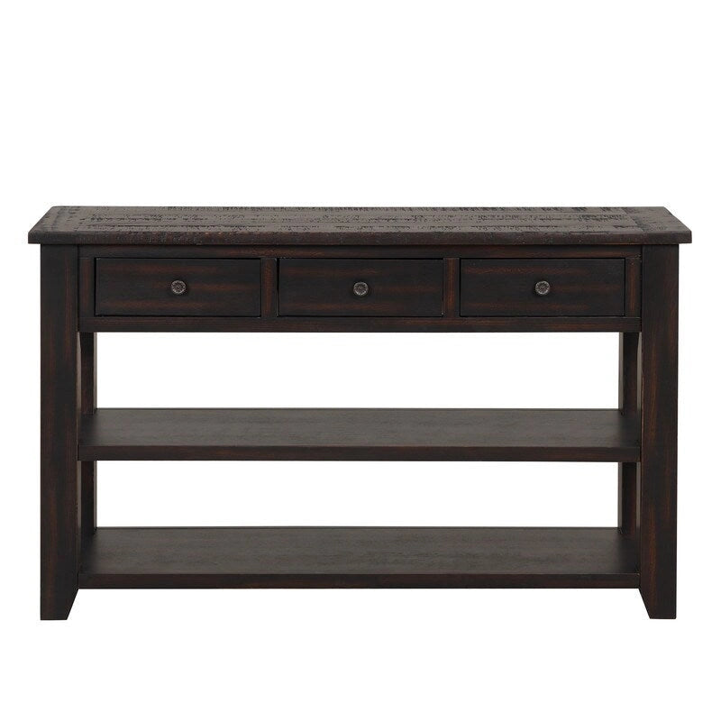 Console en bois vintage avec 3 tiroirs et 2 étagères ouvertes