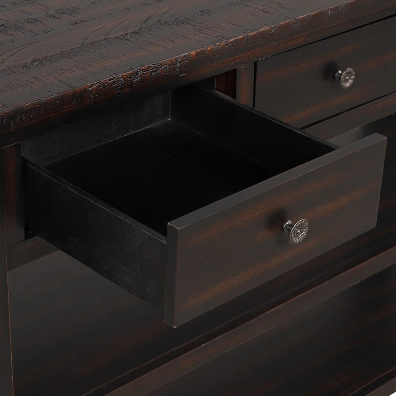 Console en bois vintage avec 3 tiroirs et 2 étagères ouvertes