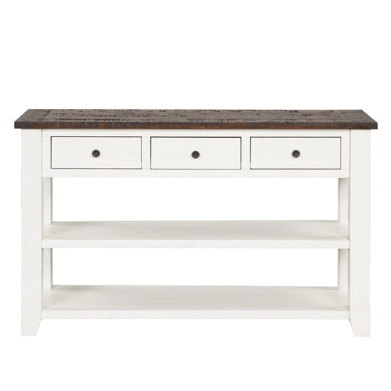 Console en bois vintage avec 3 tiroirs et 2 étagères ouvertes