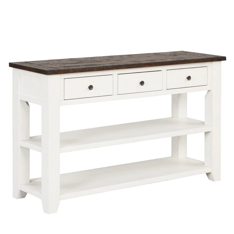 Console en bois vintage avec 3 tiroirs et 2 étagères ouvertes