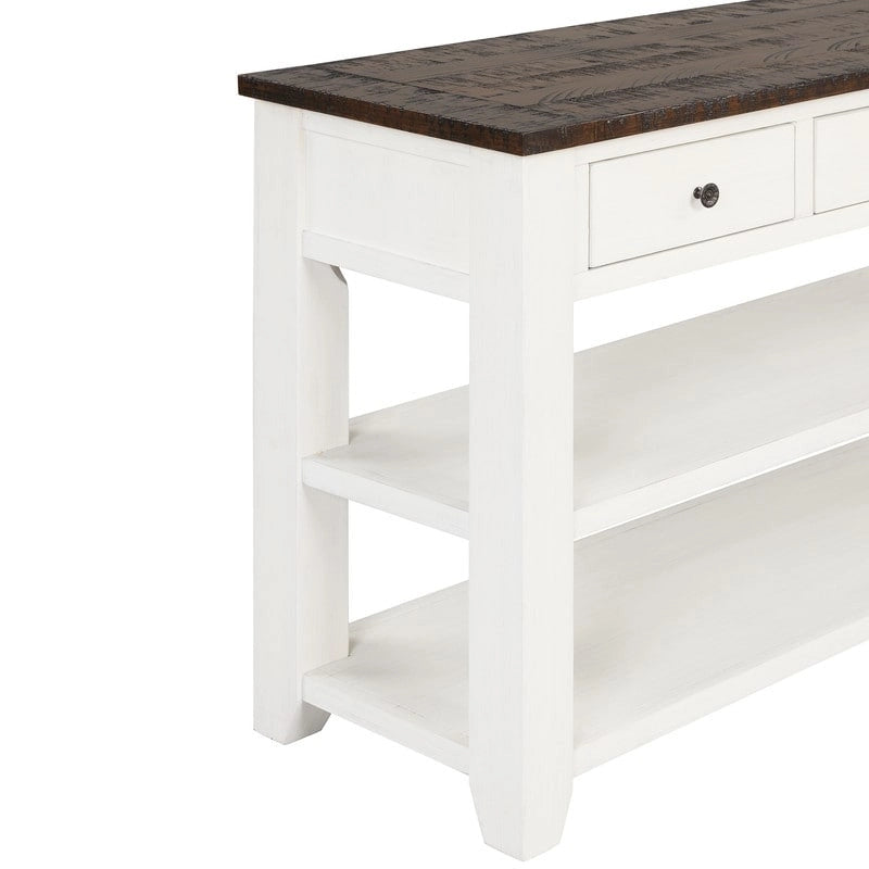 Console en bois vintage avec 3 tiroirs et 2 étagères ouvertes