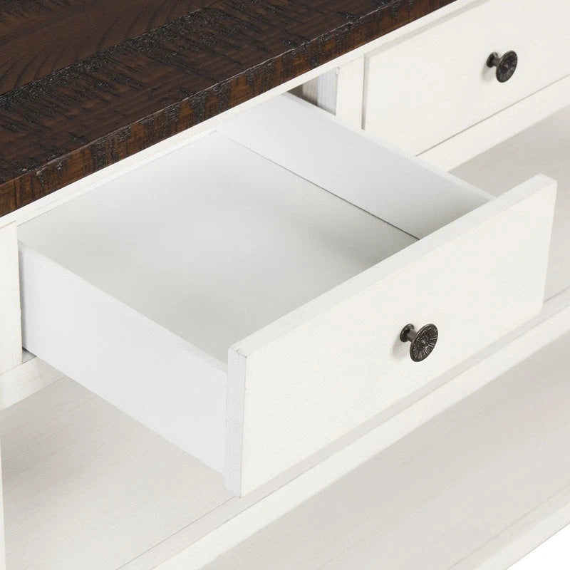 Console en bois vintage avec 3 tiroirs et 2 étagères ouvertes