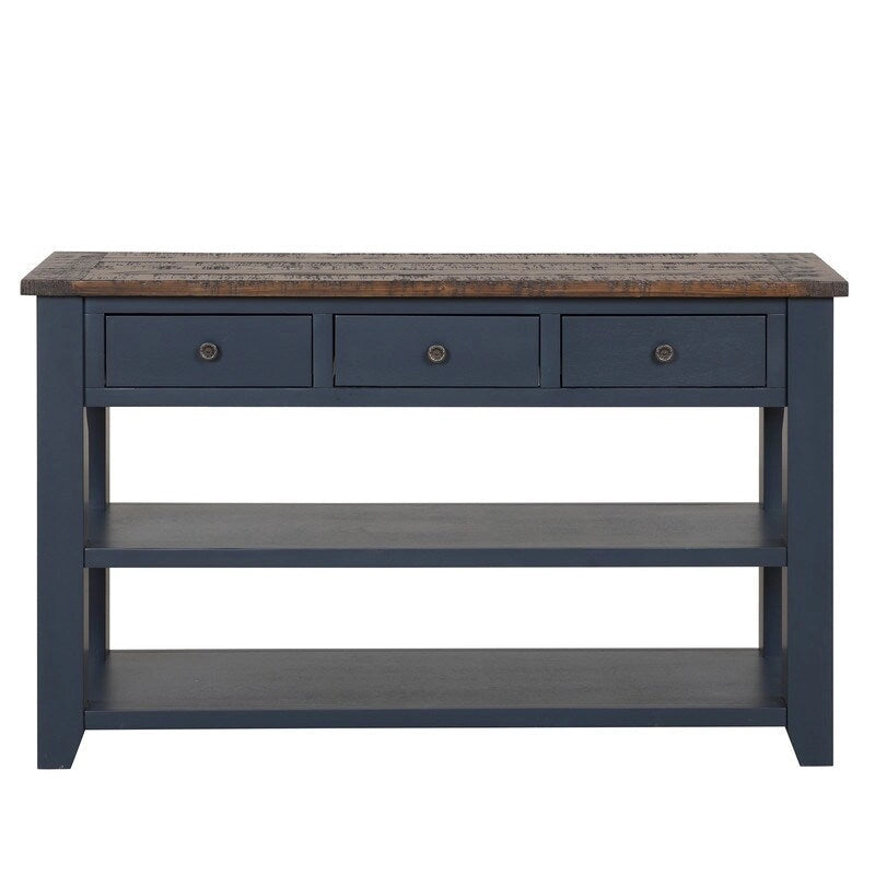 Console en bois vintage avec 3 tiroirs et 2 étagères ouvertes