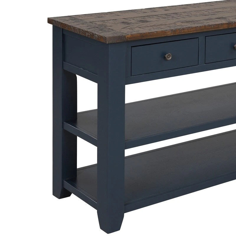 Console en bois vintage avec 3 tiroirs et 2 étagères ouvertes