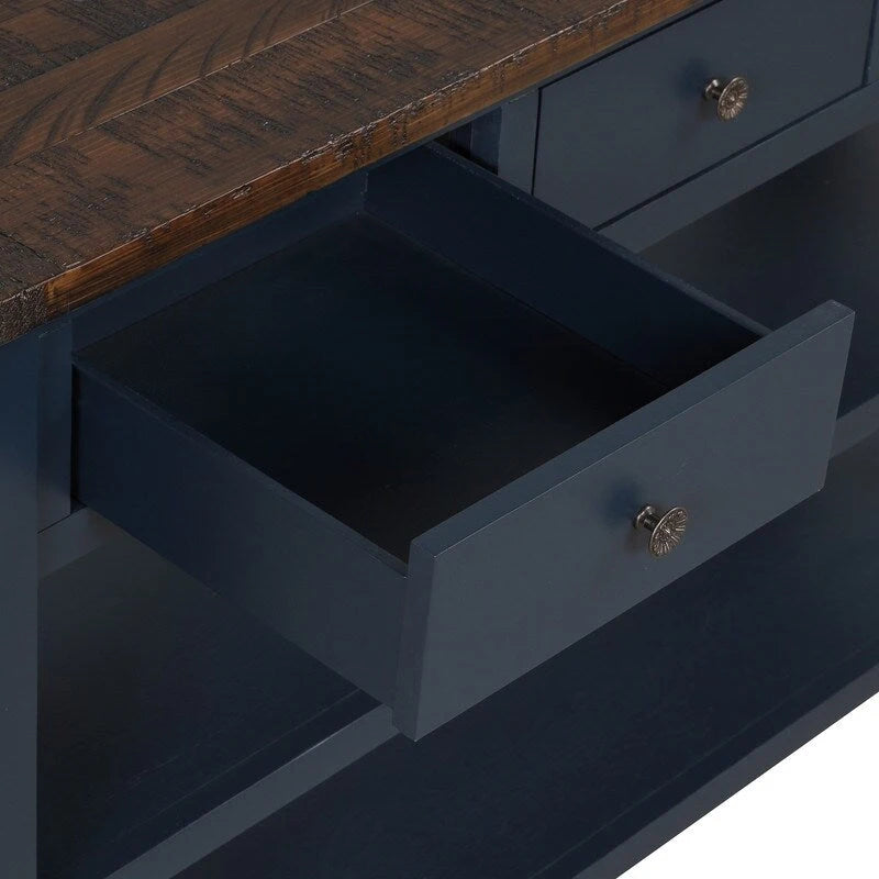 Console en bois vintage avec 3 tiroirs et 2 étagères ouvertes
