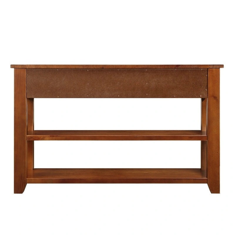 Console en bois vintage avec 3 tiroirs et 2 étagères ouvertes