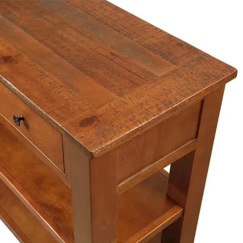 Console en bois vintage avec 3 tiroirs et 2 étagères ouvertes