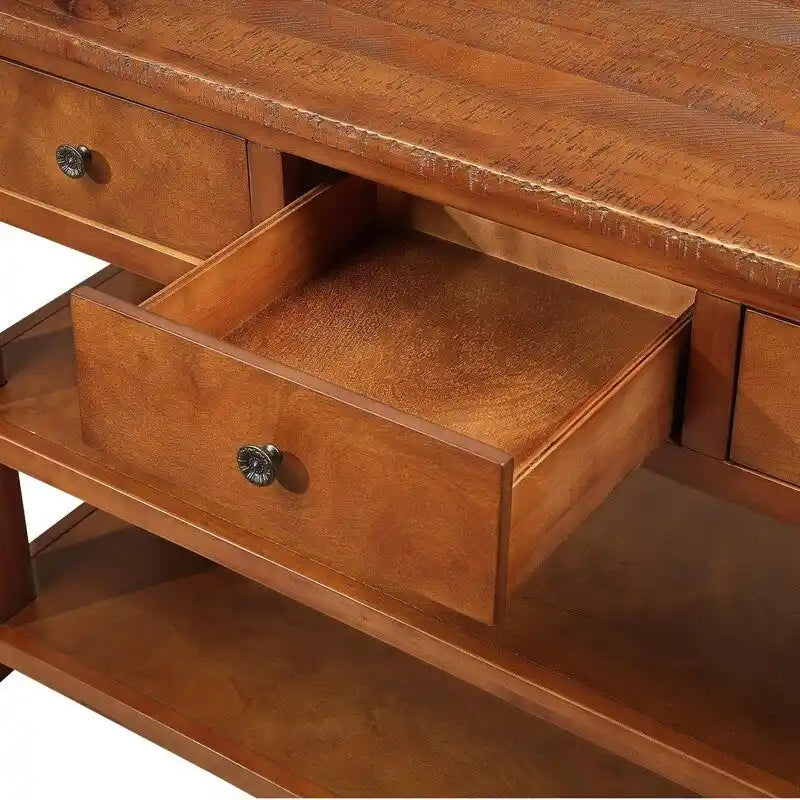 Console en bois vintage avec 3 tiroirs et 2 étagères ouvertes
