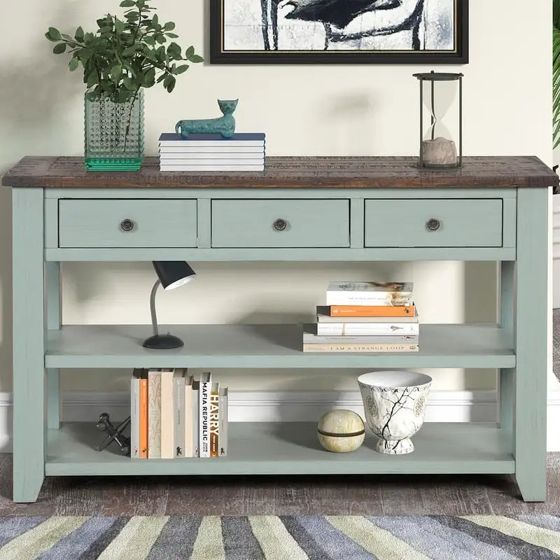 Console en bois vintage avec 3 tiroirs et 2 étagères ouvertes