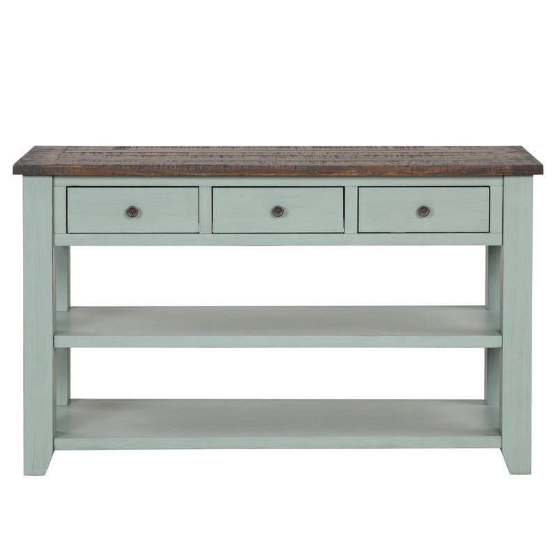 Console en bois vintage avec 3 tiroirs et 2 étagères ouvertes
