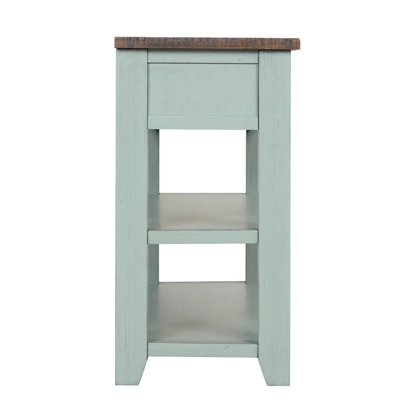 Console en bois vintage avec 3 tiroirs et 2 étagères ouvertes