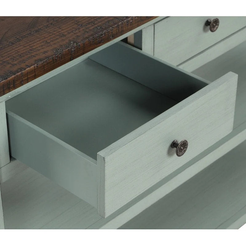 Console en bois vintage avec 3 tiroirs et 2 étagères ouvertes