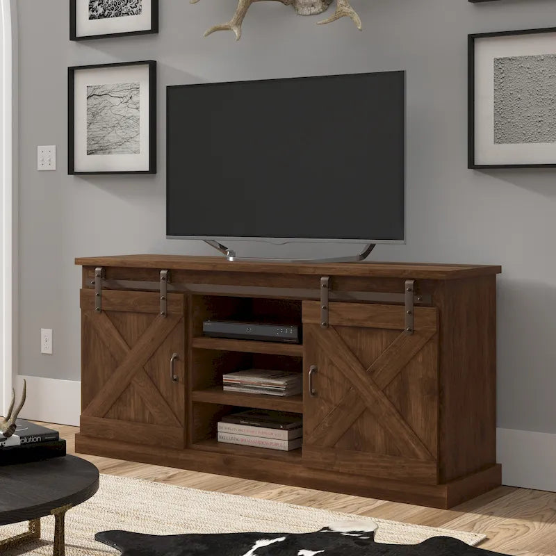 Meuble TV en bois massif de style ferme avec portes coulissantes façon grange, 66 po – Convient aux téléviseurs jusqu'à 75 po