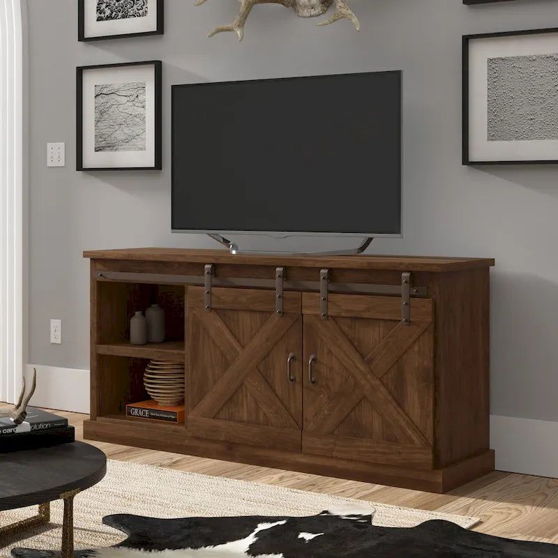 Meuble TV en bois massif de style ferme avec portes coulissantes façon grange, 66 po – Convient aux téléviseurs jusqu'à 75 po