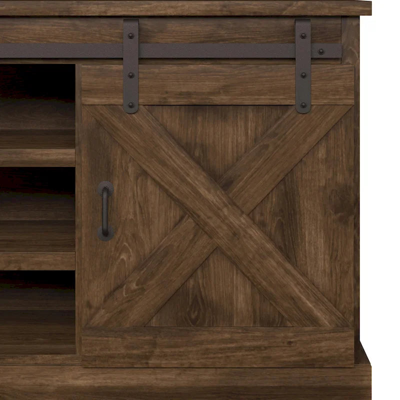 Meuble TV en bois massif de style ferme avec portes coulissantes façon grange, 66 po – Convient aux téléviseurs jusqu'à 75 po