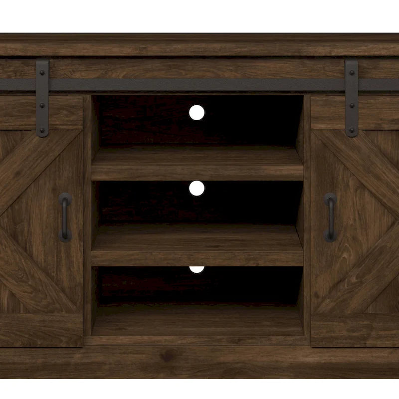 Meuble TV en bois massif de style ferme avec portes coulissantes façon grange, 66 po – Convient aux téléviseurs jusqu'à 75 po