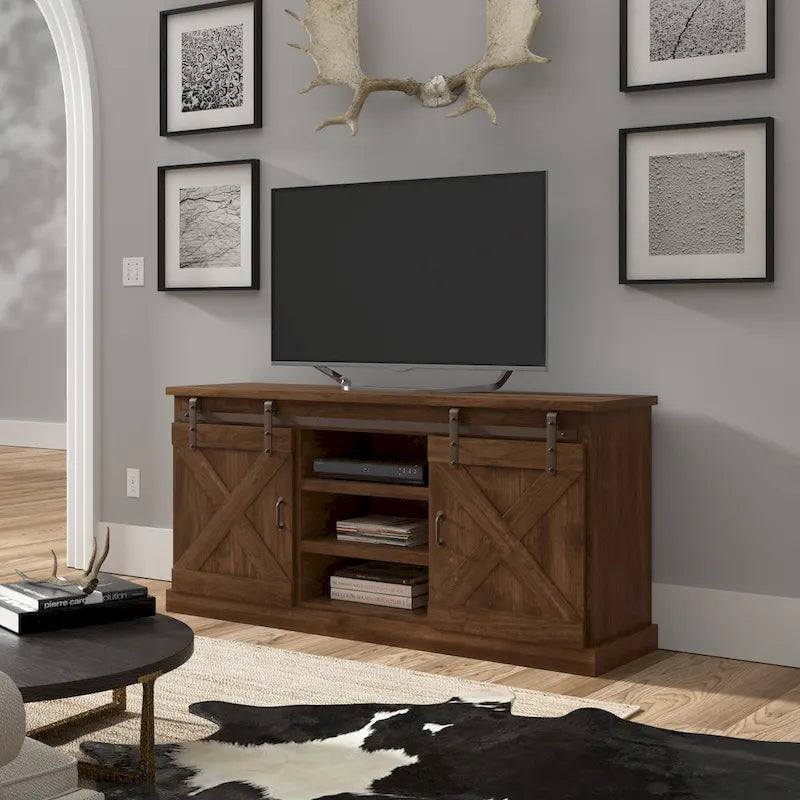 Meuble TV en bois massif de style ferme avec portes coulissantes façon grange, 66 po – Convient aux téléviseurs jusqu'à 75 po