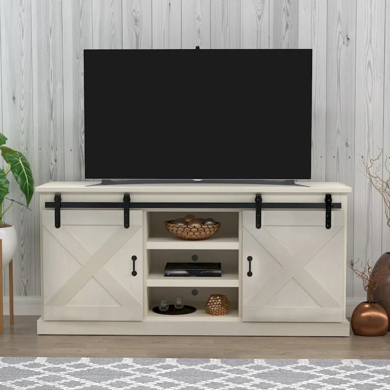 Meuble TV en bois massif de style ferme avec portes coulissantes façon grange, 66 po – Convient aux téléviseurs jusqu'à 75 po
