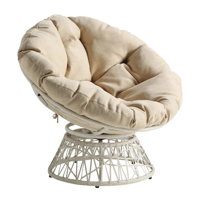 Fauteuil pivotant Papasan avec coussin touffeté épais et cadre en résine tressée — 101,6 cm (L) × 89,5 cm (H)